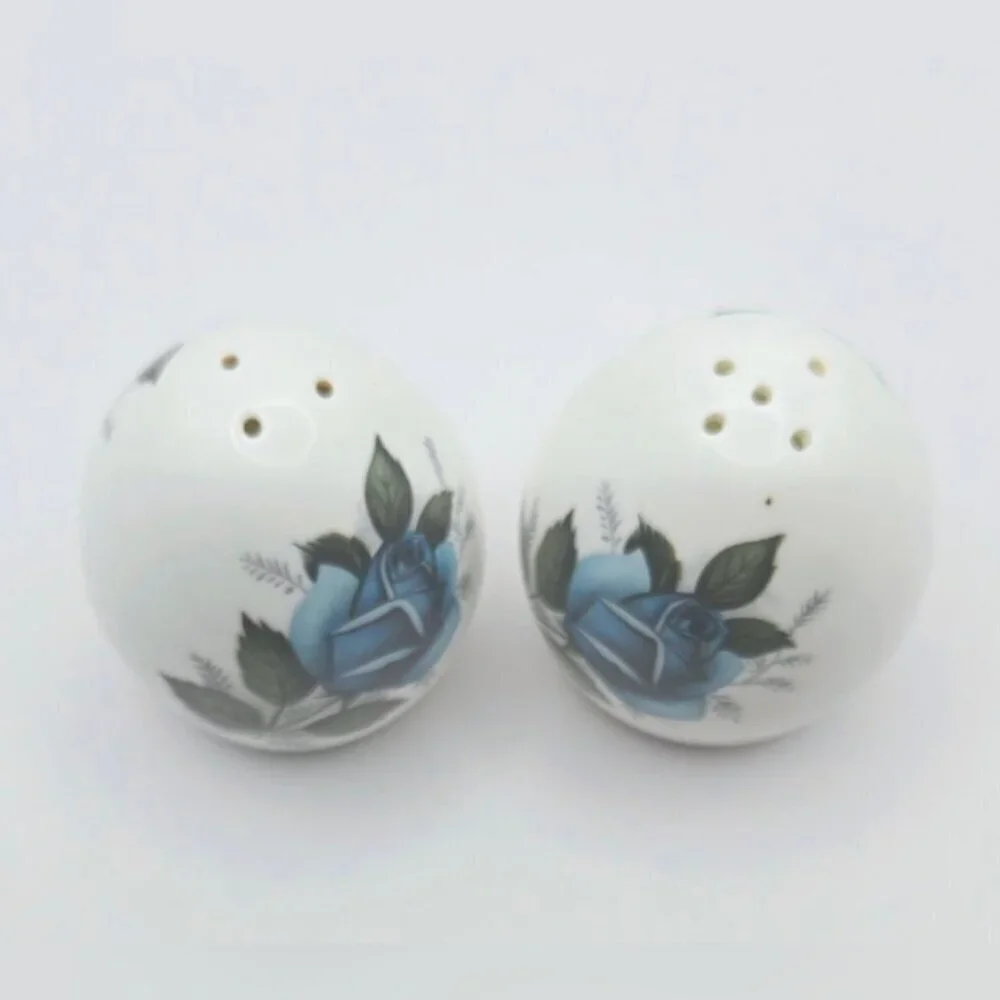 Vintage Sanford Fine Bone China Blue Rose Flowers Salt & Pepper Shakers